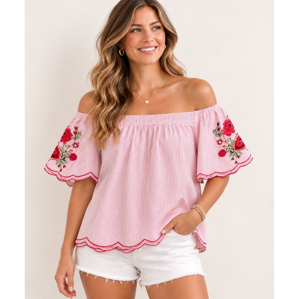Umgee USA Pink Stripe Floral Embroidered Off Shoulder Top XL Boho Cottagecore